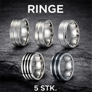 5-pak Herreringe i Rustfrit Stål – 8mm | Stilrent Ring Sæt til Mænd