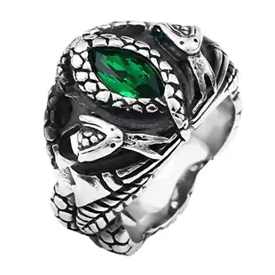 Herrering i rustfri stål med grøn sten og slangedesign – Emerald Serpent