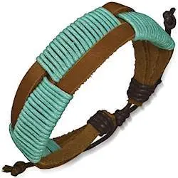 Billede af Læderarmbånd med turkis bomulds flet