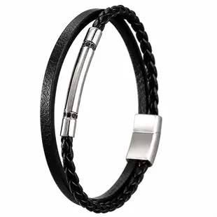 Atlas – Sort læderarmbånd med blanke ståldetaljer