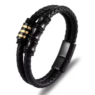 Sort herrearmbånd i ægte læder med blackcoated og forgyldt stål