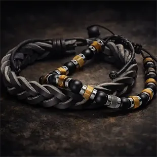 Armbåndsæt / Læderarmbånd & Perlearmbånd i maskulint design