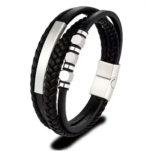 Herrearmbånd i sort imiteret læder med rustfrit stål og magnetlås