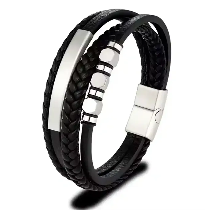 Urban SteelWeave  -  Sort Herrearmbånd i Imiteret Læder & Rustfrit Stål