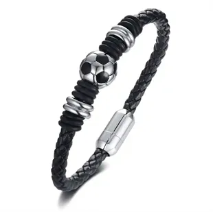 Fodboldarmbånd i sort læder med rustfri stålkugle – herresmykke til fodboldfans