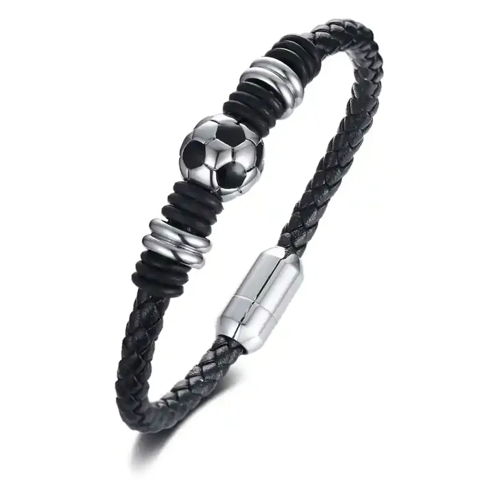 Fodboldarmbånd i sort læder med rustfri stålkugle – herresmykke til fodboldfans