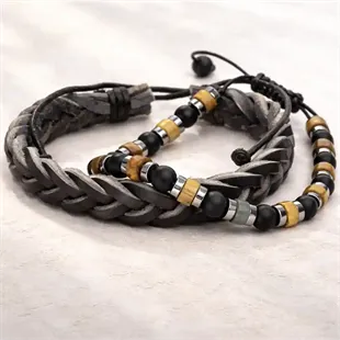 Armbåndsæt / Læderarmbånd & Perlearmbånd i maskulint design