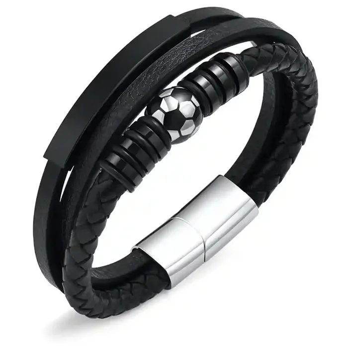 Sort fodboldarmbånd i ægte læder og rustfrit stål – herresmykke med sporty design