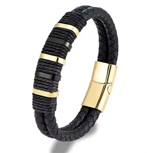 Herrearmbånd i sort bololæder med forgyldt stål og magnetlås