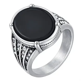 Herrering i rustfri stål med sort agatsten og detaljerede stålsider – Black Agate Power Ring.