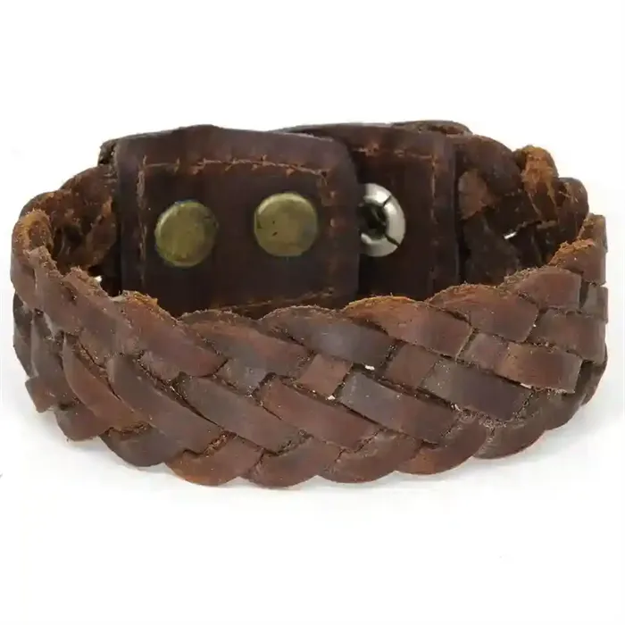 Flettet læderarmbånd til mænd i brun ægte læder – Rustic Braid