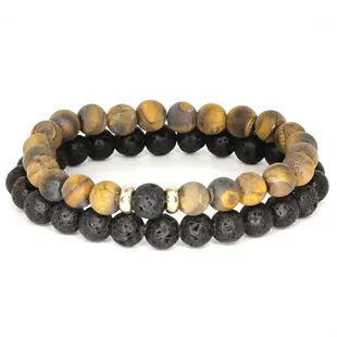 Perlearmbånd til mænd med 8 mm lavaperler og mat tigerøje i sort og gyldne nuancer – maskulint herrearmbånd i elastisk pasform.