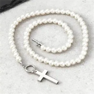 Perlekæde til mænd med hvide perler og korsvedhæng