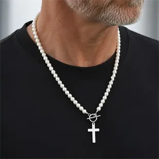 Pearl Cross Necklace – Perlekæde til Mænd i Rustfrit Stål
