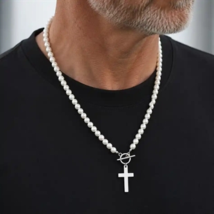Pearl Cross Necklace – Perlekæde til Mænd i Rustfrit Stål