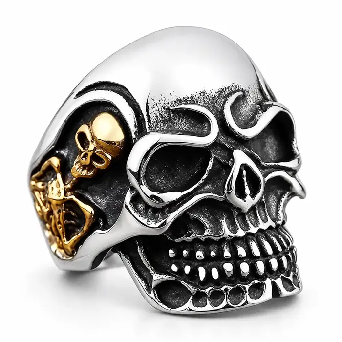 Doppio Teschio - Skull bikerring i rustfrit stål