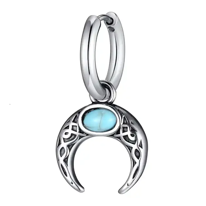 Herreørering i rustfrit stål med crescent-måne og turkis sten