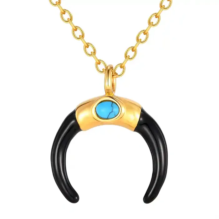 Golden Horn halskæde til mænd i forgyldt stål med turkis sten og sort horn – Marjoe.dk