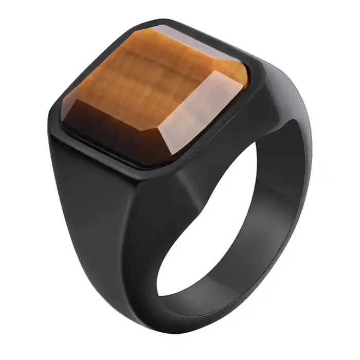 Sort Signetring med Tigerøje - Firkantet Ring i Rustfrit Stål